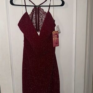 Emerald Sundae Sparkle Burgundy Halter Prom Dress